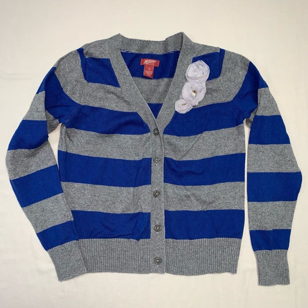 Blue Gray Cardigan Sweater Girl 7/8 Rosette Flower Gem Delicate Lightweight Knit